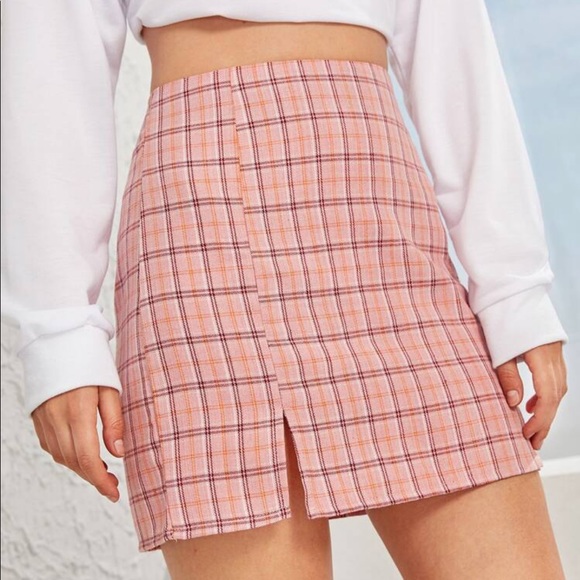 PLAID SIDE SLIT SKIRT- pink - Picture 2 of 4